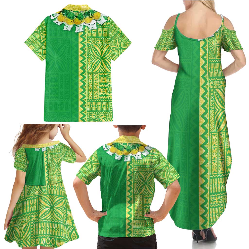 Fiji Lovoni Family Matching Summer Maxi Dress and Hawaiian Shirt Fijian Tapa Salusalu Green Glitter LT05 - Polynesian Pride