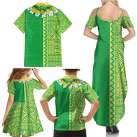 Fiji Lovoni Family Matching Summer Maxi Dress and Hawaiian Shirt Fijian Tapa Salusalu Green Glitter LT05 - Polynesian Pride