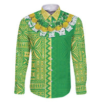 Fiji Lovoni Family Matching Summer Maxi Dress and Hawaiian Shirt Fijian Tapa Salusalu Green Glitter LT05 Dad's Shirt - Long Sleeve Green - Polynesian Pride