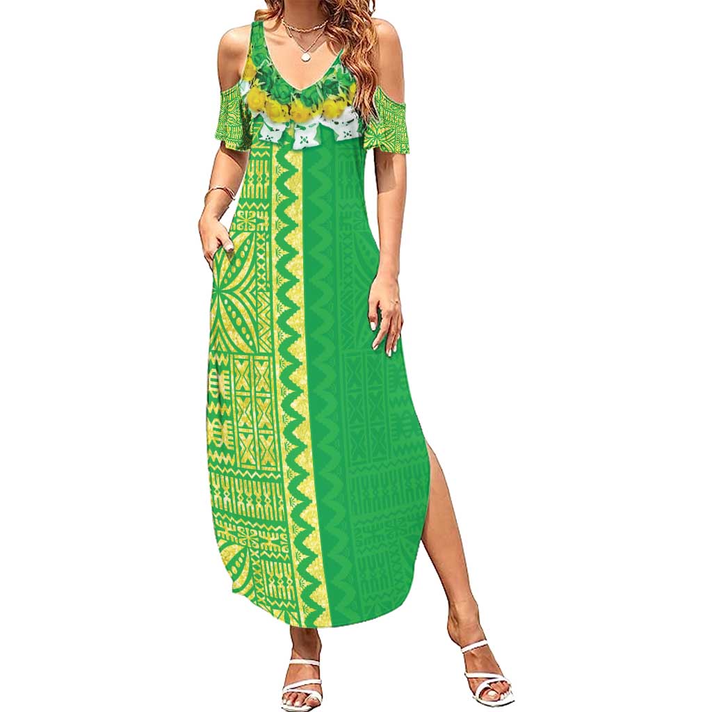 Fiji Lovoni Family Matching Summer Maxi Dress and Hawaiian Shirt Fijian Tapa Salusalu Green Glitter LT05 Mom's Dress Green - Polynesian Pride