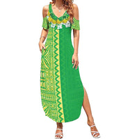 Fiji Lovoni Family Matching Summer Maxi Dress and Hawaiian Shirt Fijian Tapa Salusalu Green Glitter LT05 Mom's Dress Green - Polynesian Pride