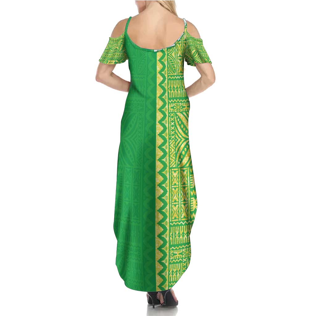 Fiji Lovoni Family Matching Summer Maxi Dress and Hawaiian Shirt Fijian Tapa Salusalu Green Glitter LT05 - Polynesian Pride
