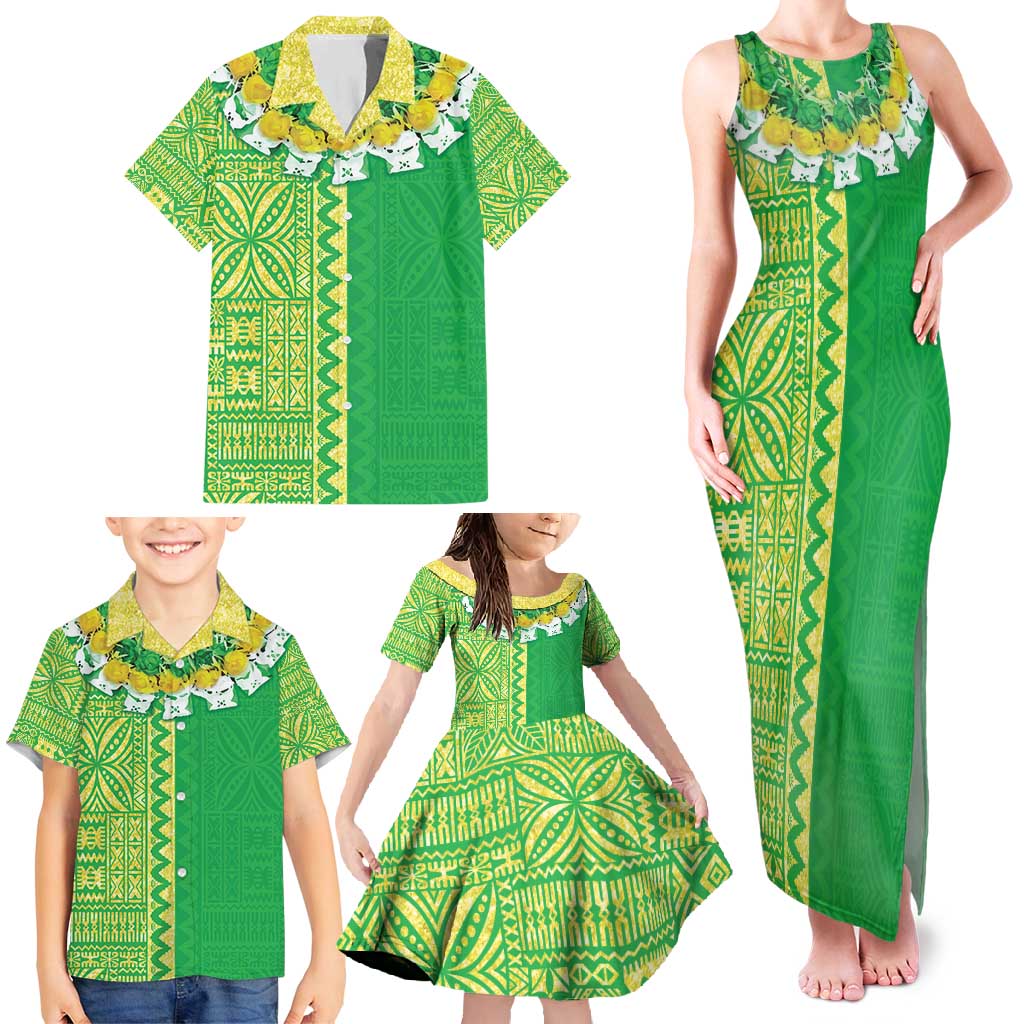 Fiji Lovoni Family Matching Tank Maxi Dress and Hawaiian Shirt Fijian Tapa Salusalu Green Glitter LT05 - Polynesian Pride