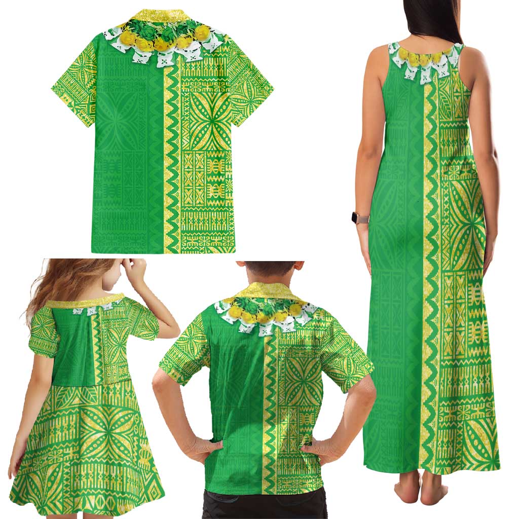 Fiji Lovoni Family Matching Tank Maxi Dress and Hawaiian Shirt Fijian Tapa Salusalu Green Glitter LT05 - Polynesian Pride