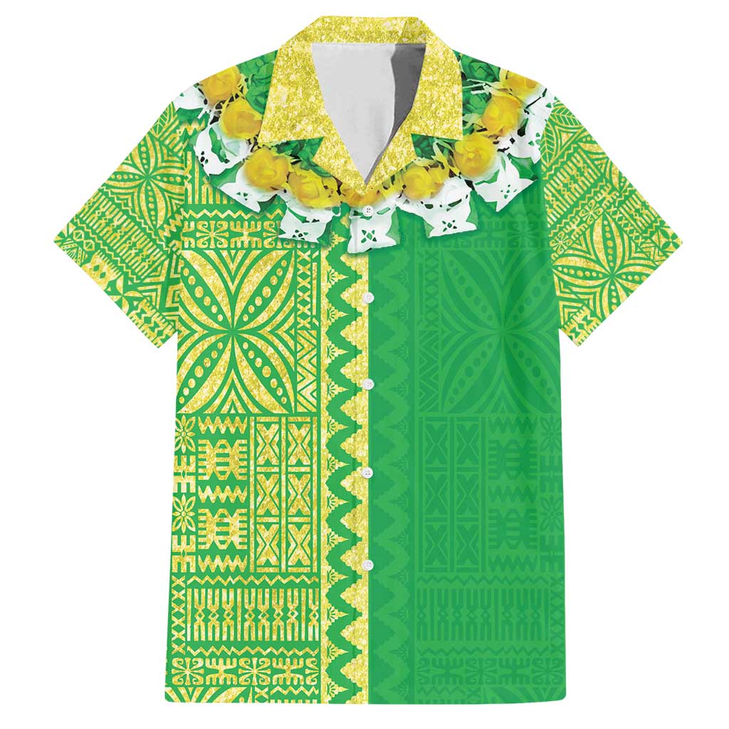 Fiji Lovoni Family Matching Tank Maxi Dress and Hawaiian Shirt Fijian Tapa Salusalu Green Glitter LT05 Dad's Shirt - Short Sleeve Green - Polynesian Pride