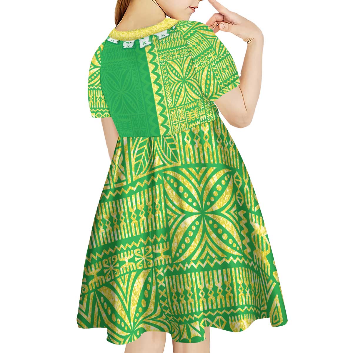 Fiji Lovoni Kid Short Sleeve Dress Fijian Tapa Salusalu Green Glitter