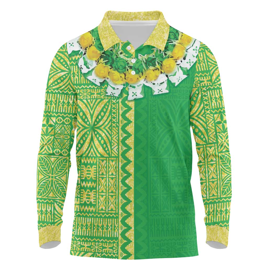 Fiji Lovoni Long Sleeve Polo Shirt Fijian Tapa Salusalu Green Glitter