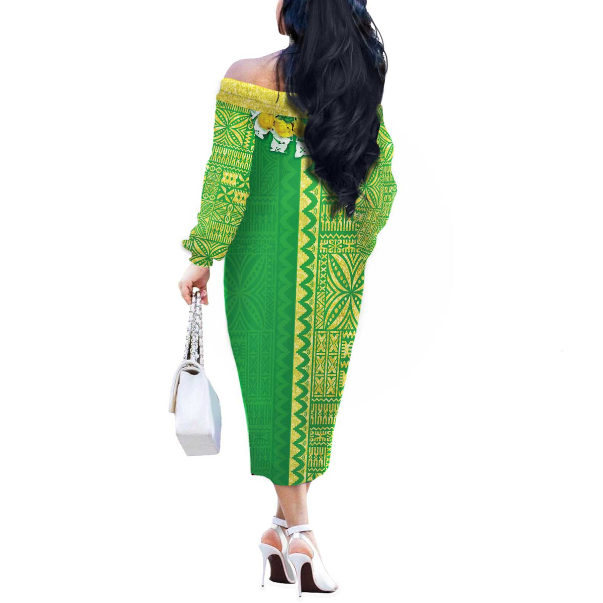 Fiji Lovoni Off The Shoulder Long Sleeve Dress Fijian Tapa Salusalu Green Glitter