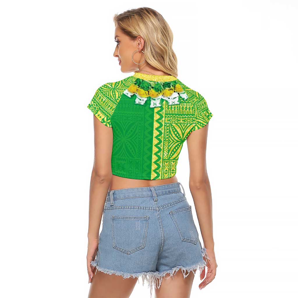 Fiji Lovoni Raglan Cropped T Shirt Fijian Tapa Salusalu Green Glitter