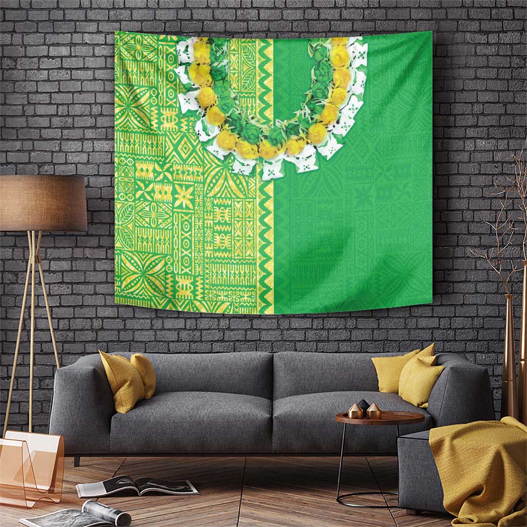 Fiji Lovoni Tapestry Fijian Tapa Salusalu Green Glitter LT05 Green - Polynesian Pride