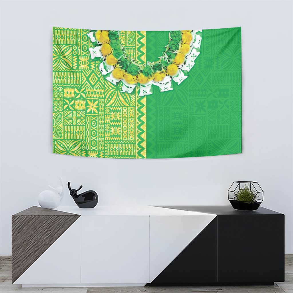 Fiji Lovoni Tapestry Fijian Tapa Salusalu Green Glitter LT05 - Polynesian Pride