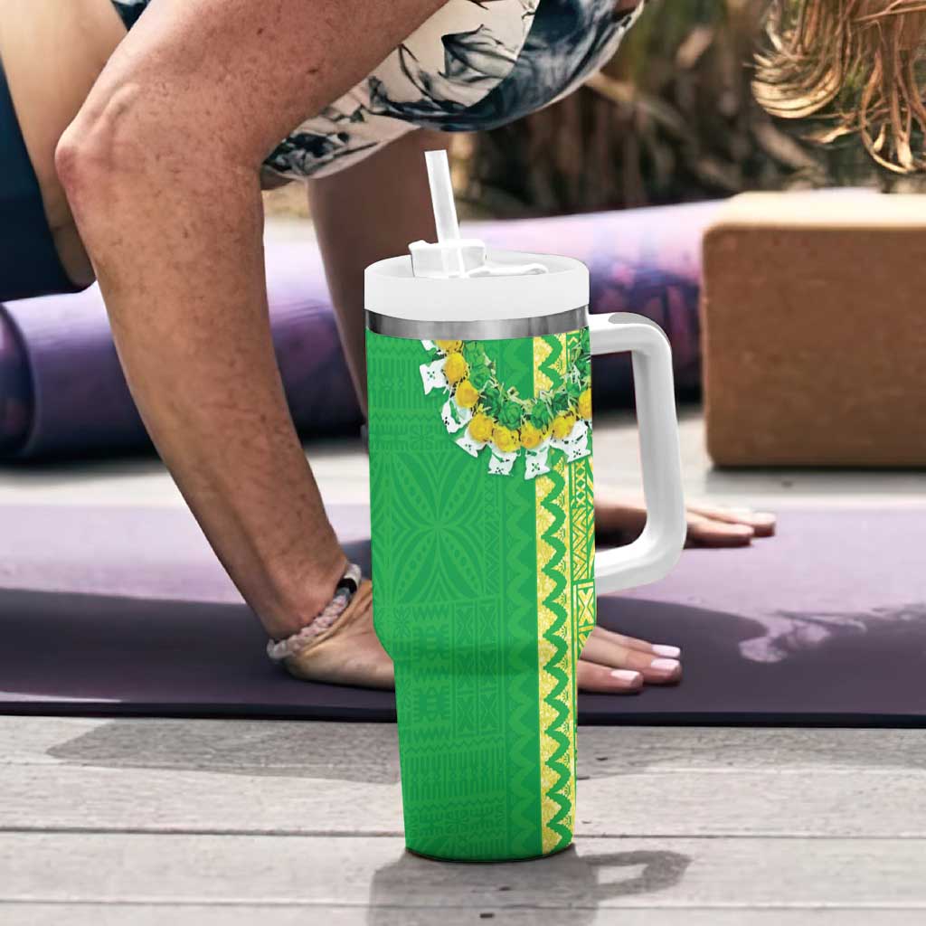 Fiji Lovoni Tumbler With Handle Fijian Tapa Salusalu Green Glitter