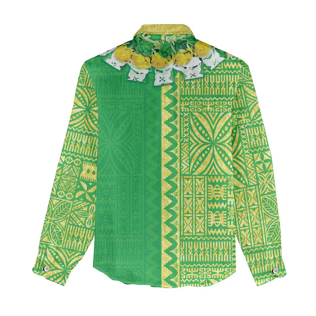 Fiji Lovoni Women Casual Shirt Fijian Tapa Salusalu Green Glitter