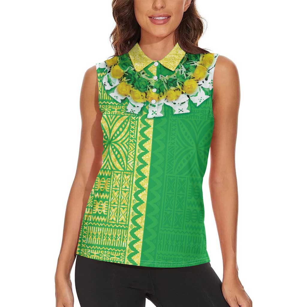 Fiji Lovoni Women Sleeveless Polo Shirt Fijian Tapa Salusalu Green Glitter