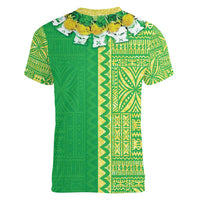 Fiji Lovoni Women V-Neck T-Shirt Fijian Tapa Salusalu Green Glitter