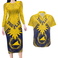 Tokelau Tokehega Day Couples Matching Long Sleeve Bodycon Dress and Hawaiian Shirt National Badge Special Style LT05 Yellow - Polynesian Pride