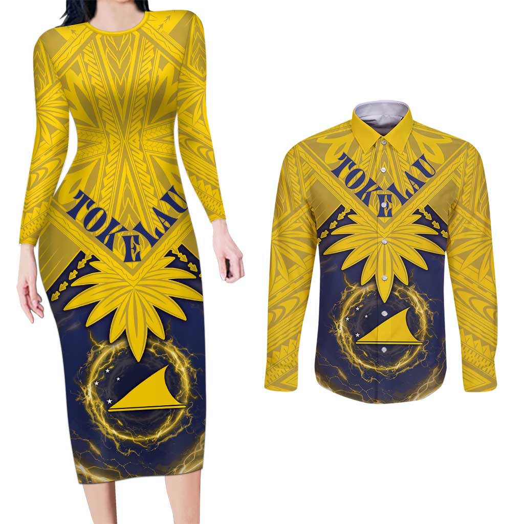 Tokelau Tokehega Day Couples Matching Long Sleeve Bodycon Dress and Long Sleeve Button Shirt National Badge Special Style LT05 Yellow - Polynesian Pride