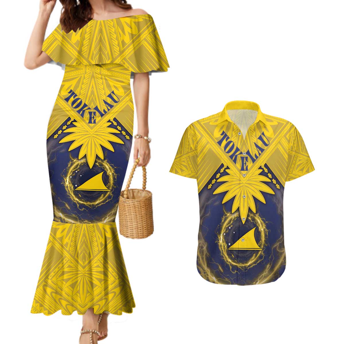 Tokelau Tokehega Day Couples Matching Mermaid Dress and Hawaiian Shirt National Badge Special Style LT05 Yellow - Polynesian Pride