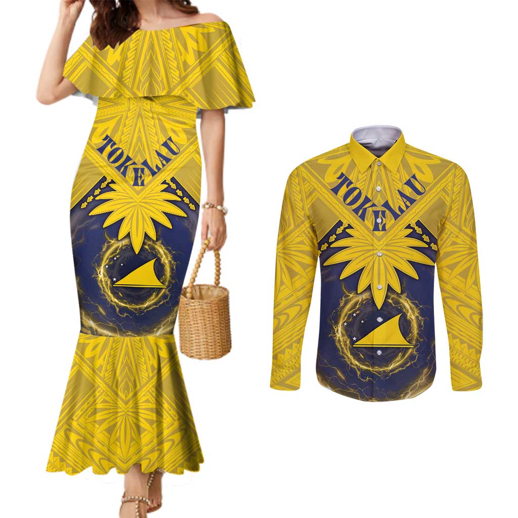 Tokelau Tokehega Day Couples Matching Mermaid Dress and Long Sleeve Button Shirt National Badge Special Style LT05 Yellow - Polynesian Pride