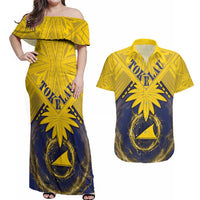 Tokelau Tokehega Day Couples Matching Off Shoulder Maxi Dress and Hawaiian Shirt National Badge Special Style LT05 Yellow - Polynesian Pride