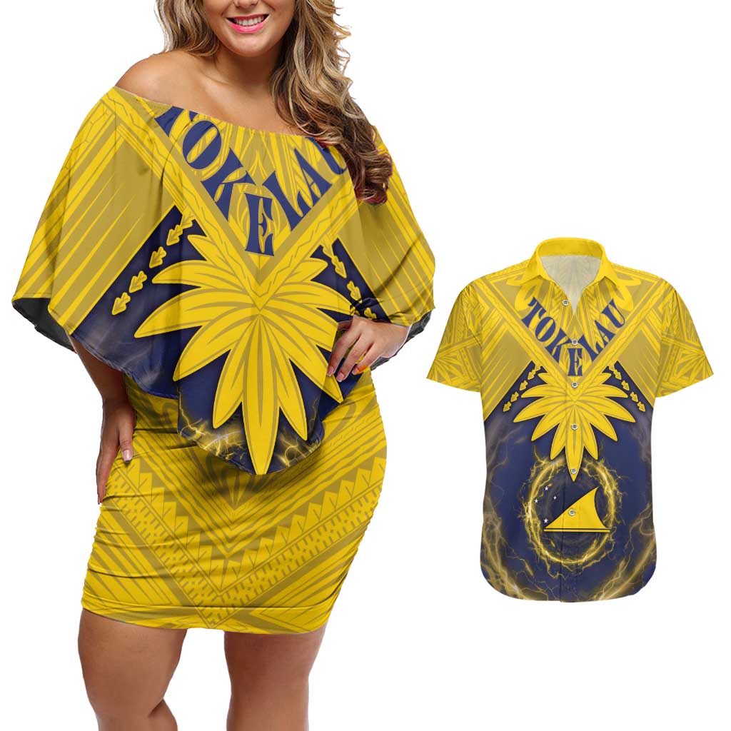 Tokelau Tokehega Day Couples Matching Off Shoulder Short Dress and Hawaiian Shirt National Badge Special Style LT05 Yellow - Polynesian Pride