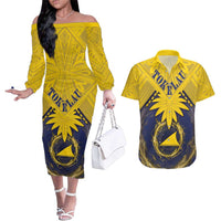 Tokelau Tokehega Day Couples Matching Off The Shoulder Long Sleeve Dress and Hawaiian Shirt National Badge Special Style LT05 Yellow - Polynesian Pride