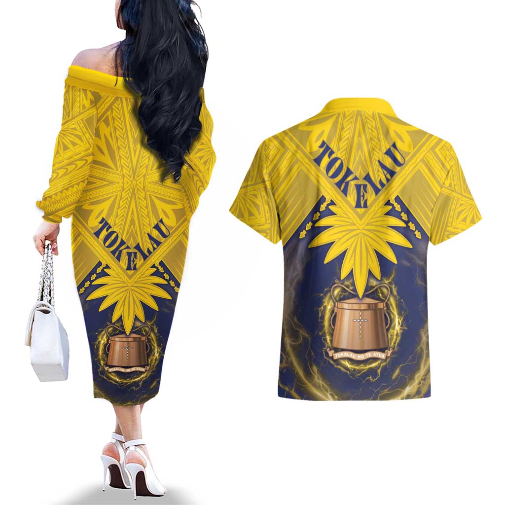 Tokelau Tokehega Day Couples Matching Off The Shoulder Long Sleeve Dress and Hawaiian Shirt National Badge Special Style LT05 - Polynesian Pride