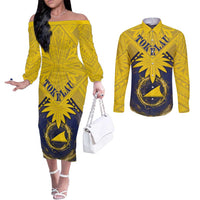 Tokelau Tokehega Day Couples Matching Off The Shoulder Long Sleeve Dress and Long Sleeve Button Shirt National Badge Special Style LT05 Yellow - Polynesian Pride