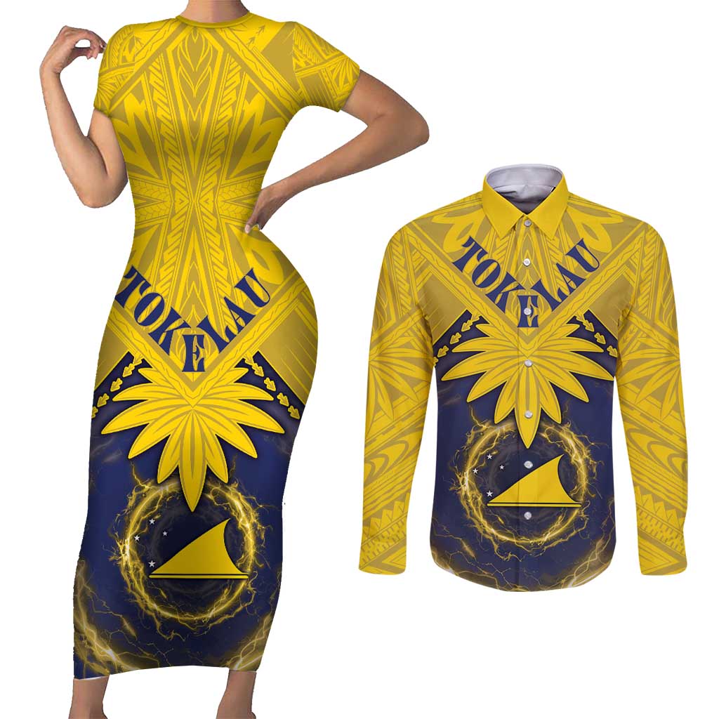 Tokelau Tokehega Day Couples Matching Short Sleeve Bodycon Dress and Long Sleeve Button Shirt National Badge Special Style LT05 Yellow - Polynesian Pride