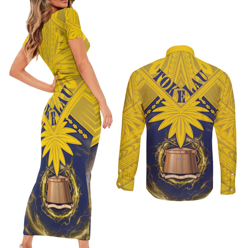 Tokelau Tokehega Day Couples Matching Short Sleeve Bodycon Dress and Long Sleeve Button Shirt National Badge Special Style LT05 - Polynesian Pride