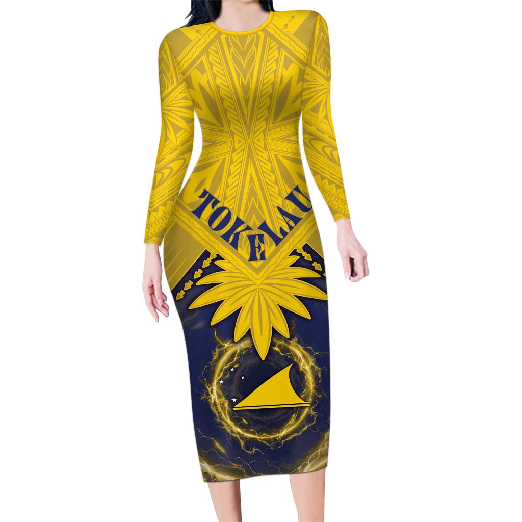 Tokelau Tokehega Day Family Matching Long Sleeve Bodycon Dress and Hawaiian Shirt National Badge Special Style LT05 Mom's Dress Yellow - Polynesian Pride