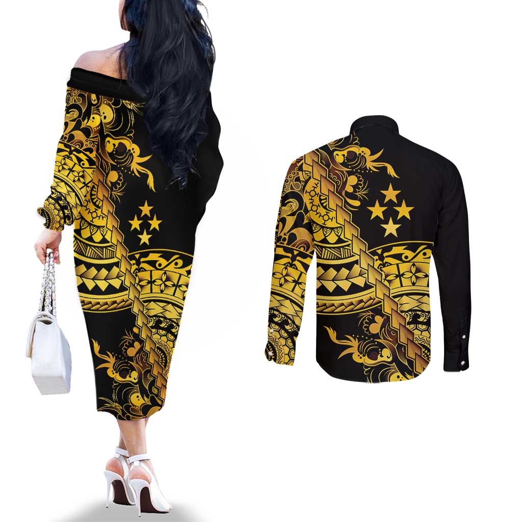 Kosrae Liberation Day Couples Matching Off The Shoulder Long Sleeve Dress and Long Sleeve Button Shirt Polynesian Floral Tattoo - Polynesian Pride