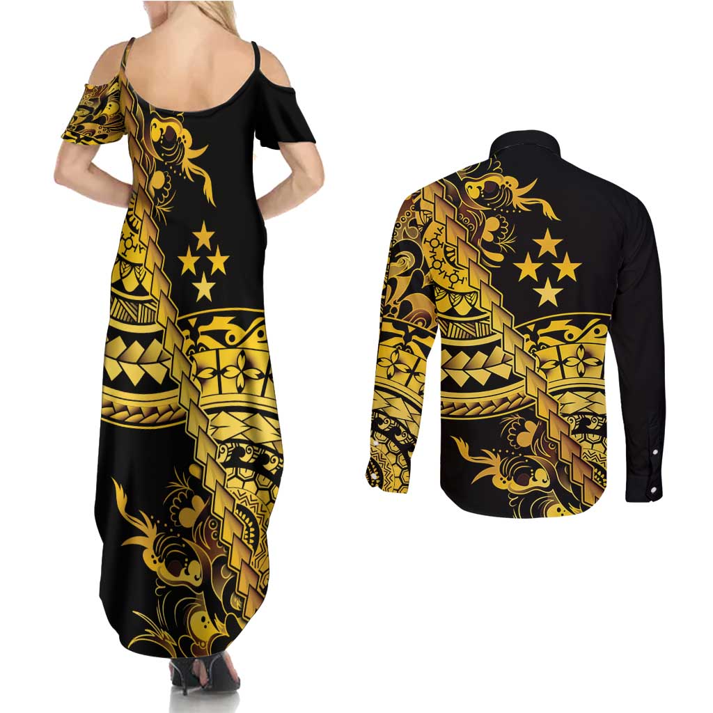 Kosrae Liberation Day Couples Matching Summer Maxi Dress and Long Sleeve Button Shirt Polynesian Floral Tattoo - Polynesian Pride