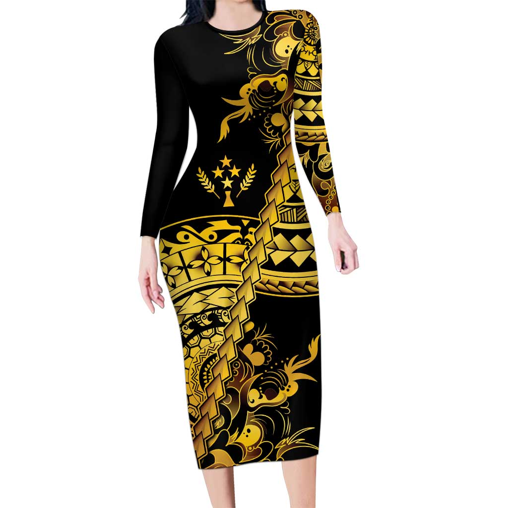 Kosrae Liberation Day Family Matching Long Sleeve Bodycon Dress and Hawaiian Shirt Polynesian Floral Tattoo LT05 Mom's Dress Gold - Polynesian Pride
