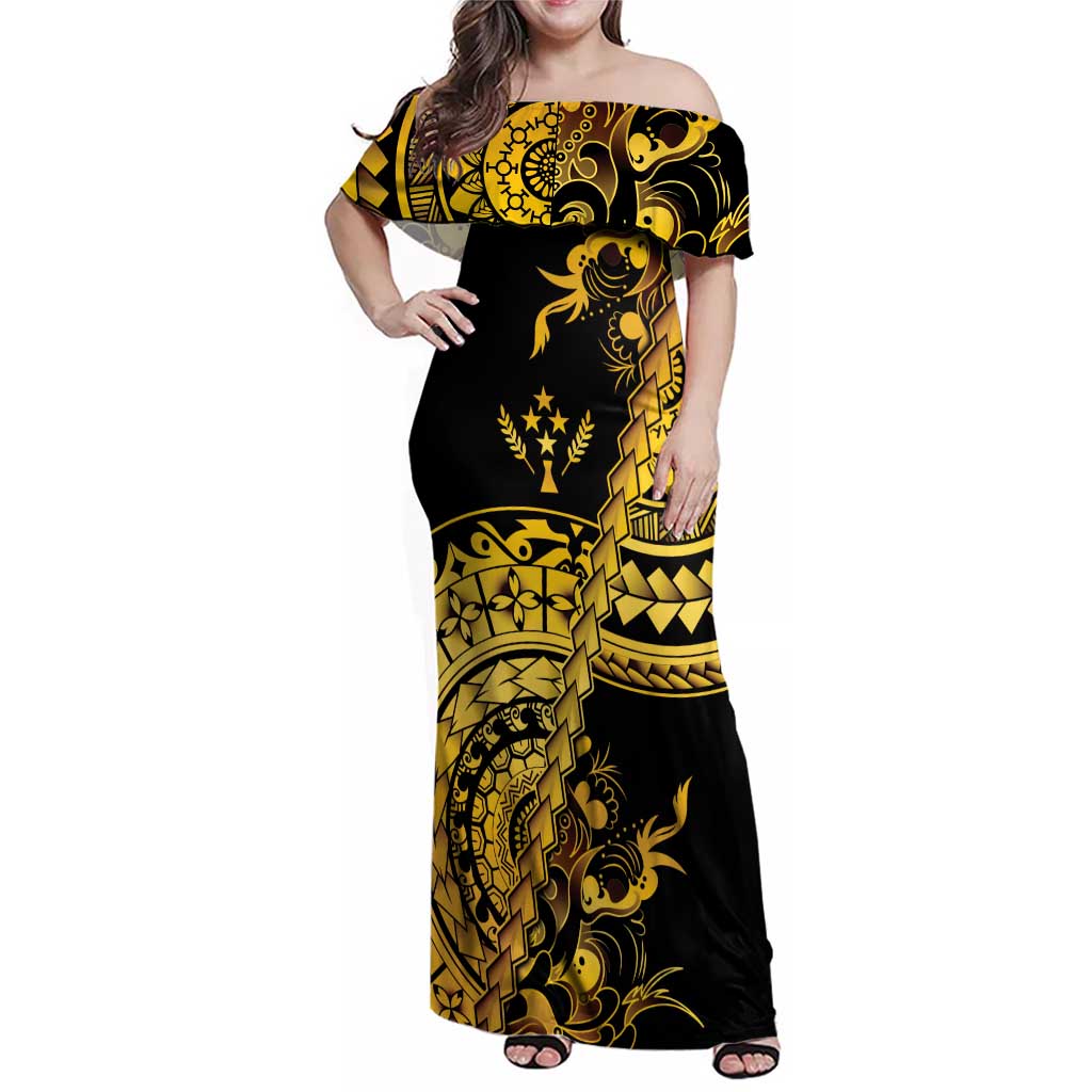Kosrae Liberation Day Family Matching Off Shoulder Maxi Dress and Hawaiian Shirt Polynesian Floral Tattoo LT05 Mom's Dress Gold - Polynesian Pride
