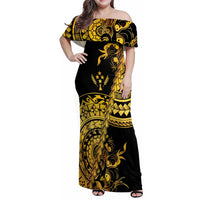 Kosrae Liberation Day Family Matching Off Shoulder Maxi Dress and Hawaiian Shirt Polynesian Floral Tattoo LT05 Mom's Dress Gold - Polynesian Pride