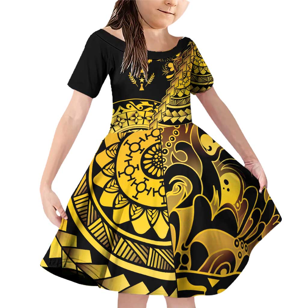 Kosrae Liberation Day Family Matching Off Shoulder Short Dress and Hawaiian Shirt Polynesian Floral Tattoo LT05 Daughter's Dress Gold - Polynesian Pride