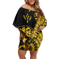 Kosrae Liberation Day Family Matching Off Shoulder Short Dress and Hawaiian Shirt Polynesian Floral Tattoo LT05 Mom's Dress Gold - Polynesian Pride