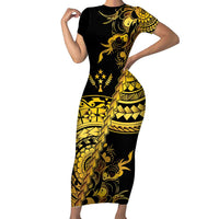 Kosrae Liberation Day Family Matching Short Sleeve Bodycon Dress and Hawaiian Shirt Polynesian Floral Tattoo LT05 Mom's Dress Gold - Polynesian Pride