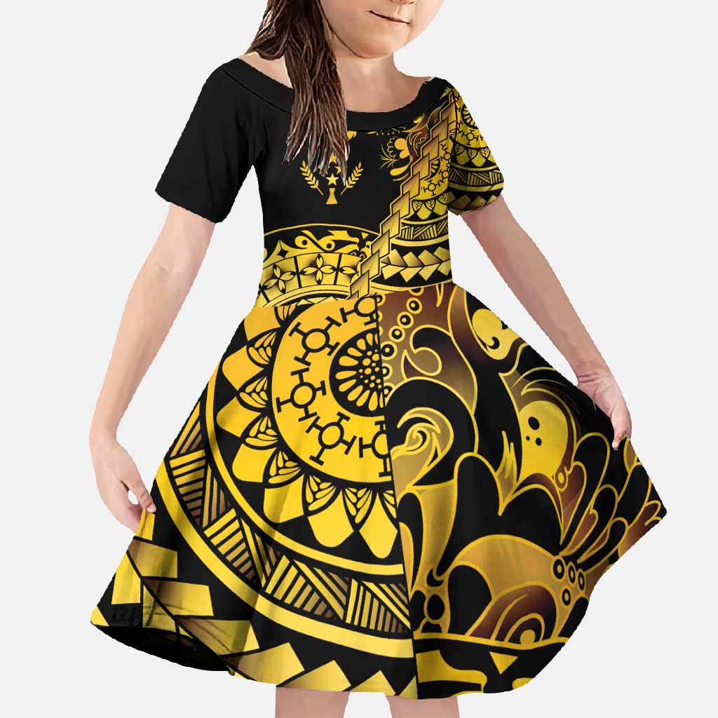 Kosrae Liberation Day Family Matching Summer Maxi Dress and Hawaiian Shirt Polynesian Floral Tattoo LT05 Daughter's Dress Gold - Polynesian Pride