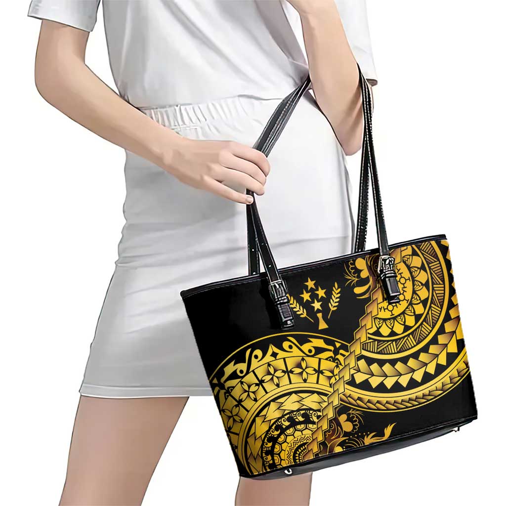 Kosrae Liberation Day Leather Tote Bag Polynesian Floral Tattoo - Polynesian Pride