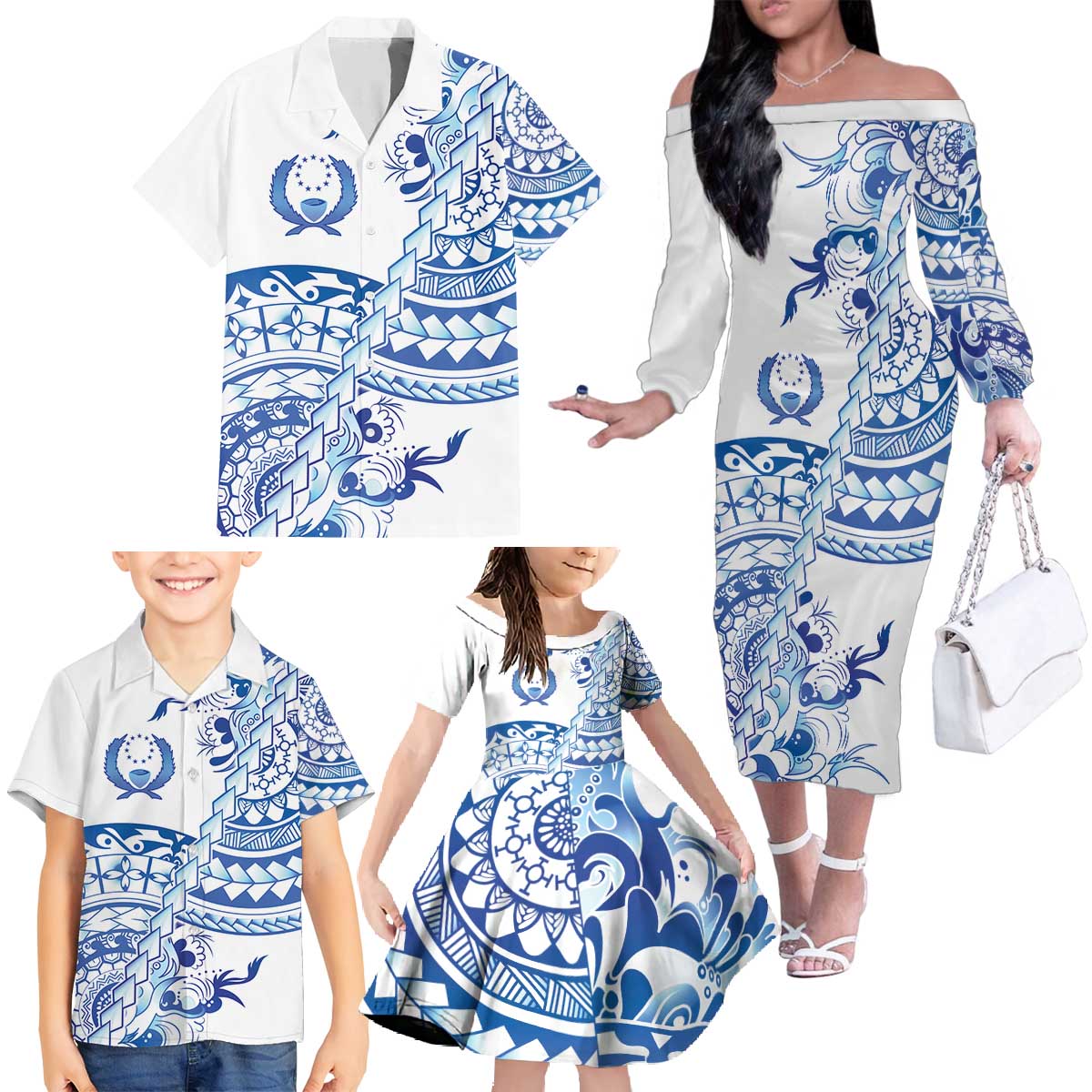 Pohnpei Liberation Day Family Matching Off The Shoulder Long Sleeve Dress and Hawaiian Shirt Polynesian Floral Tattoo LT05 - Polynesian Pride