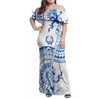Pohnpei Liberation Day Family Matching Off Shoulder Maxi Dress and Hawaiian Shirt Polynesian Floral Tattoo LT05 Mom's Dress White - Polynesian Pride