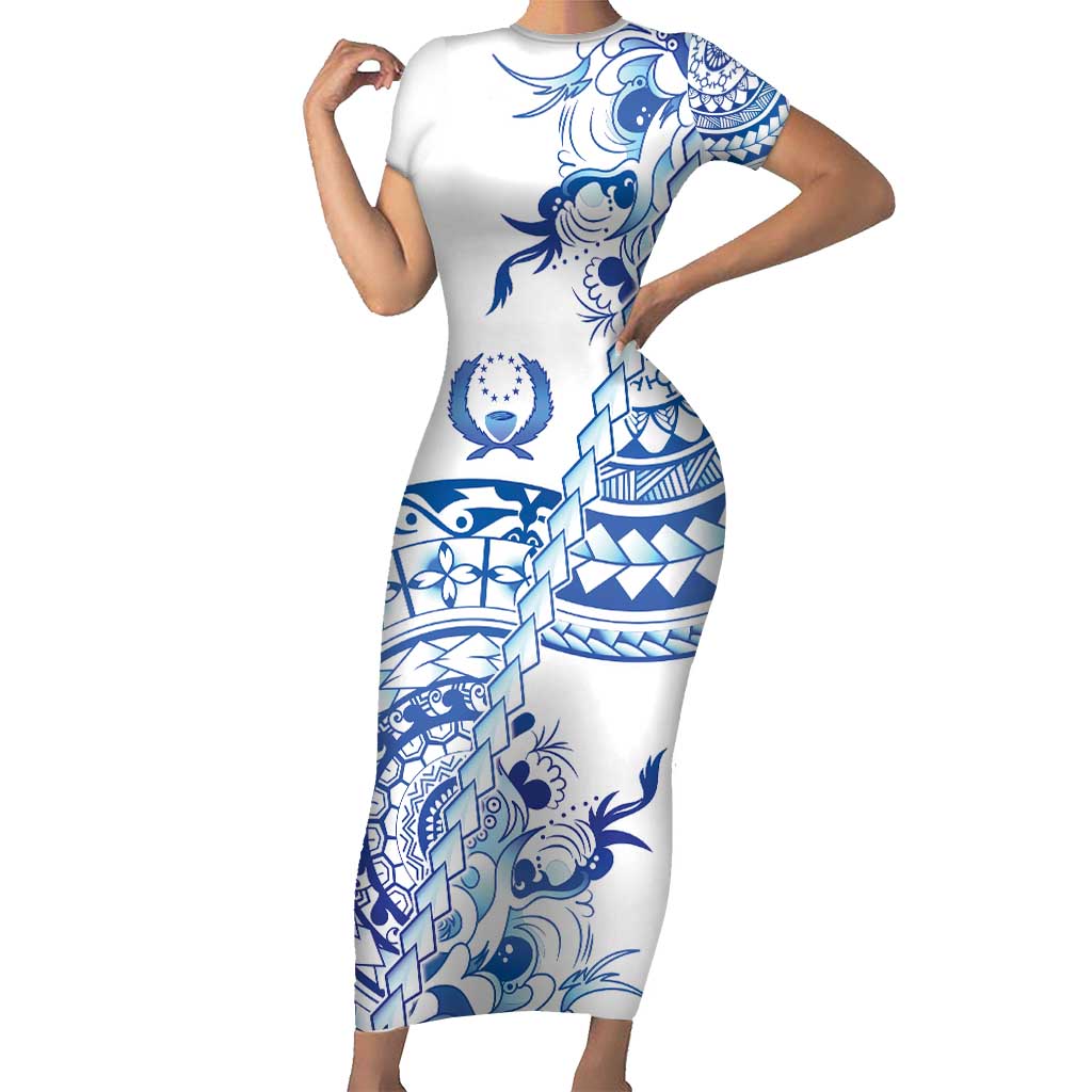 Pohnpei Liberation Day Short Sleeve Bodycon Dress Polynesian Floral Tattoo - Polynesian Pride