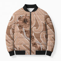 Hawaii Brown Hibiscus Pikake Lei Bomber Puffer Jacket - Polynesian Pride