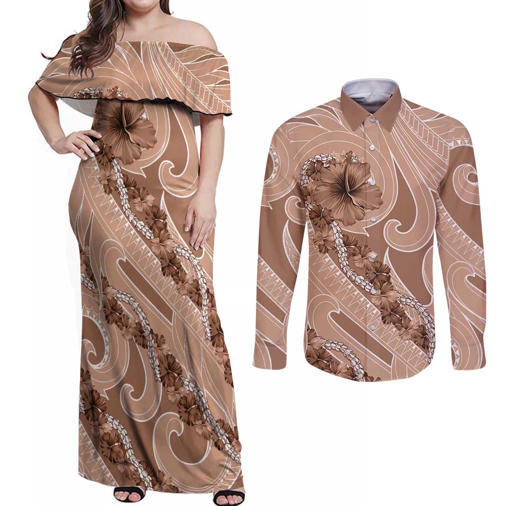 Hawaii Brown Hibiscus Pikake Lei Couples Matching Off Shoulder Maxi Dress and Long Sleeve Button Shirt - Polynesian Pride