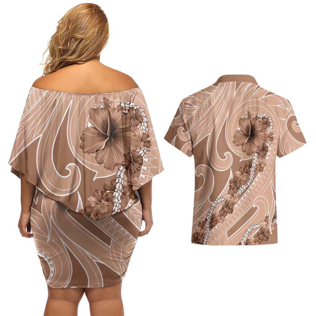 Hawaii Brown Hibiscus Pikake Lei Couples Matching Off Shoulder Short Dress and Hawaiian Shirt - Polynesian Pride