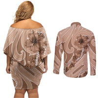 Hawaii Brown Hibiscus Pikake Lei Couples Matching Off Shoulder Short Dress and Long Sleeve Button Shirt - Polynesian Pride