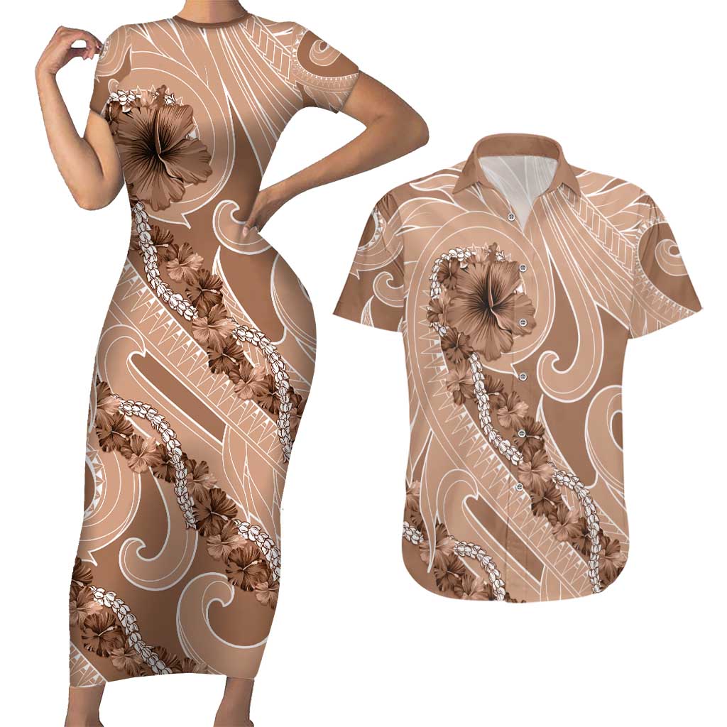 Hawaii Brown Hibiscus Pikake Lei Couples Matching Short Sleeve Bodycon Dress and Hawaiian Shirt - Polynesian Pride