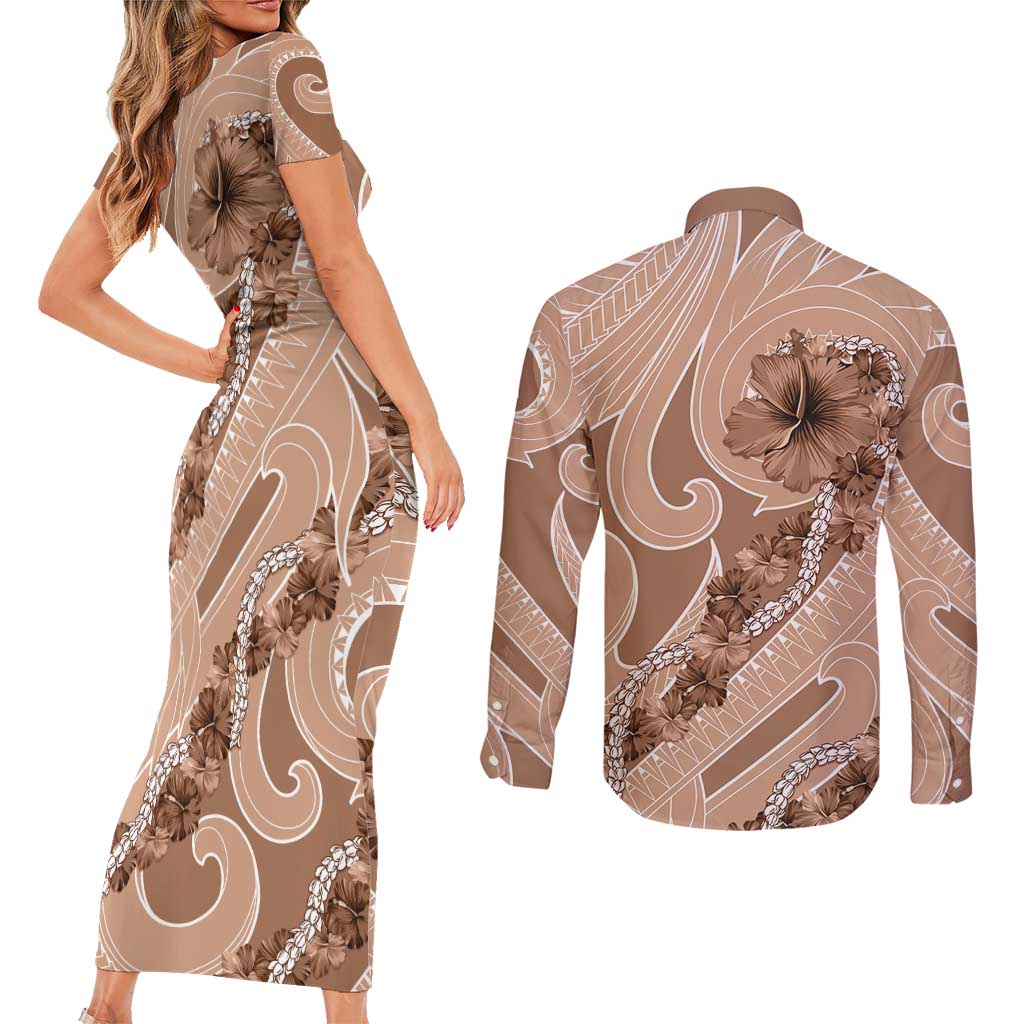 Hawaii Brown Hibiscus Pikake Lei Couples Matching Short Sleeve Bodycon Dress and Long Sleeve Button Shirt - Polynesian Pride